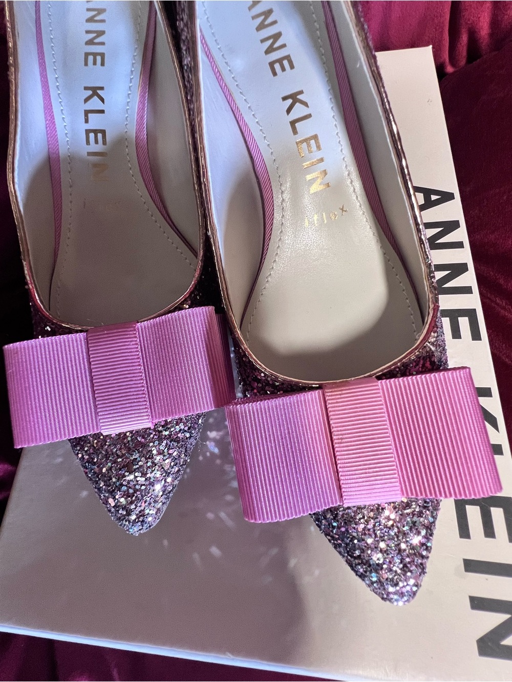 Anne Klein Pink Glitter Pointed Toe Heels with Pink Bow Accent - Picture 4 of 5